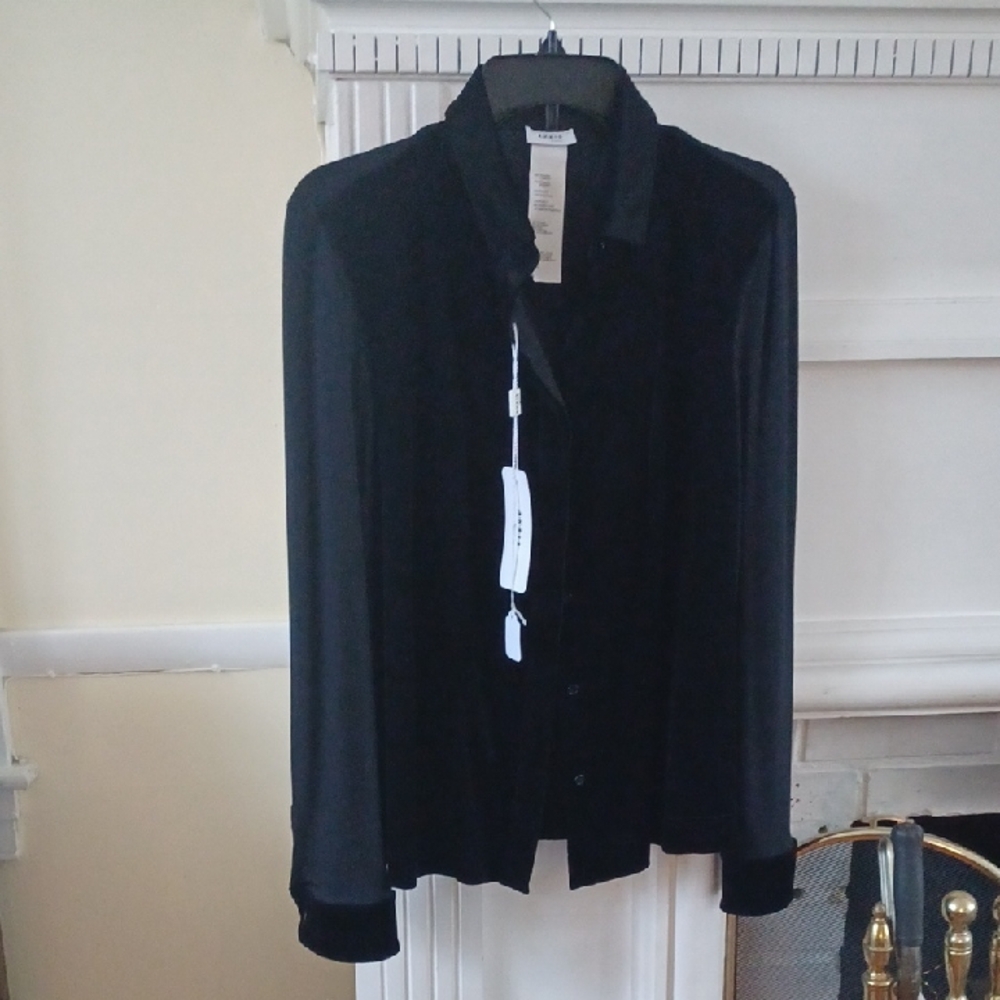 Akris Punto Size 12 Black Blouse With Velvet Front Bodice, Collar, And Cuffs